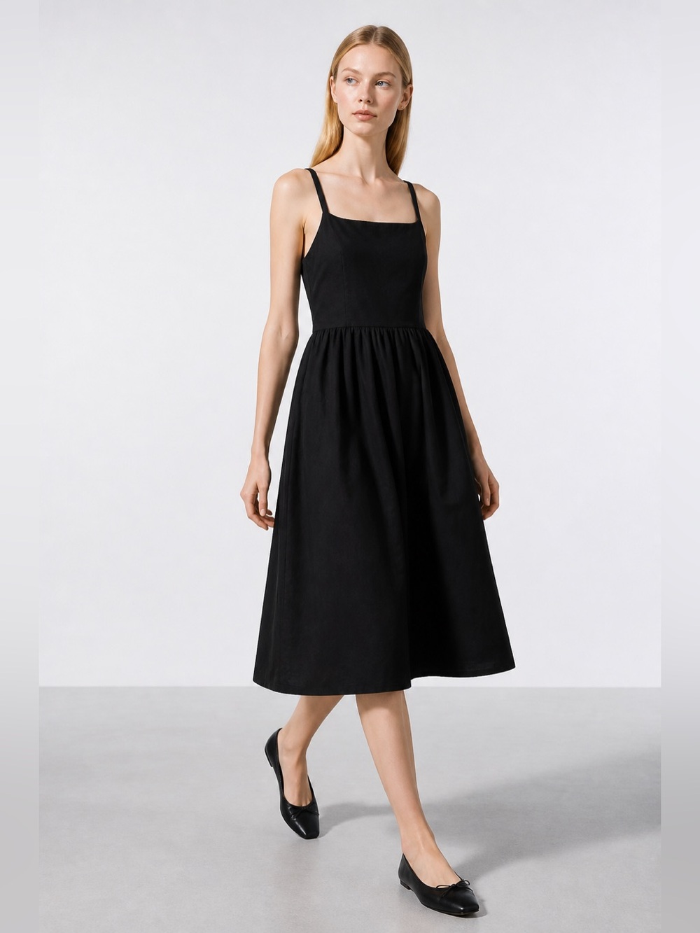 UNIQLO Black Cotton Blend Midi Dress Adjustable Straps Size S